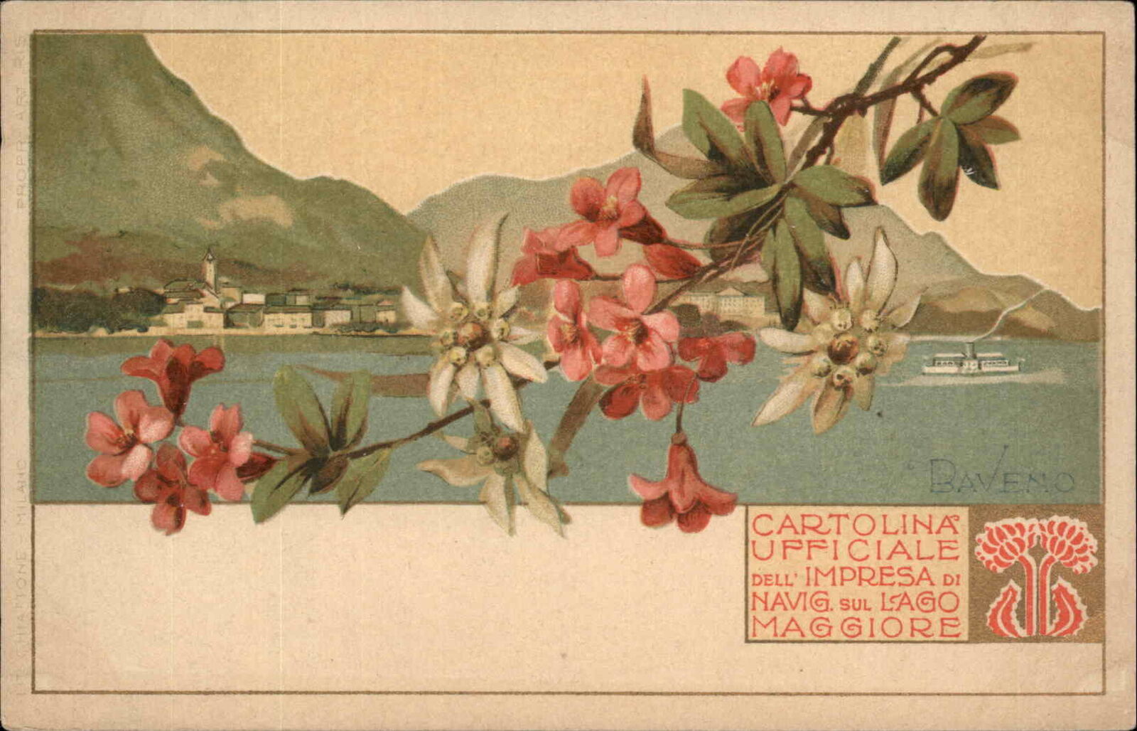 Baveno Lago Maggiore Floral Border Art Nouveau Fine Lithograph c1900s Postcard