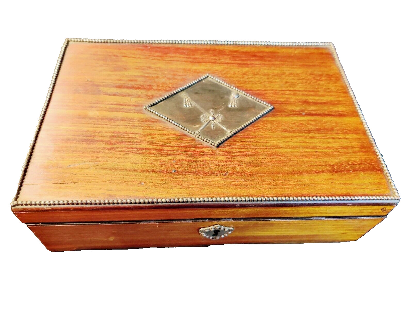 Antique/Victorian  Arts+Crafts Cigar Jewelry Box Humidor Wood w/ Bronze Plaque