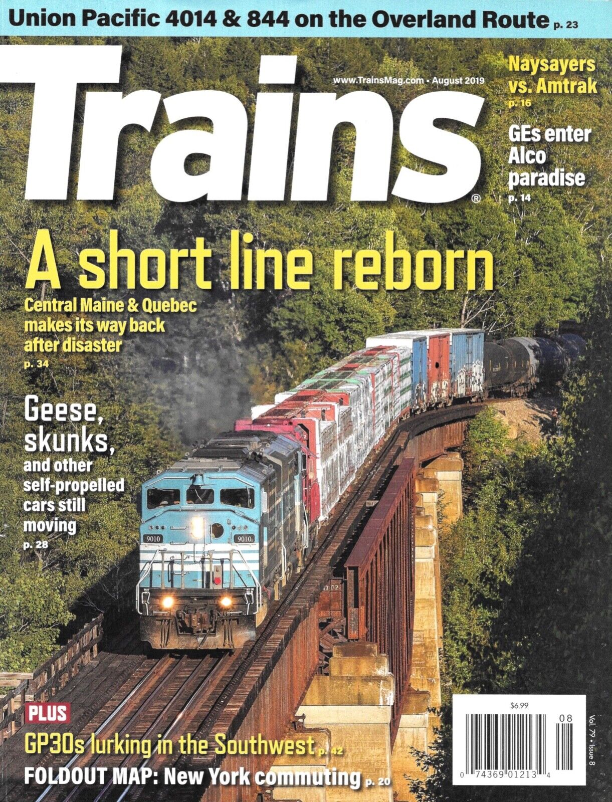 Trains Magazine Aug. 2019 GE Alco Diesels Union Pacific Overland Route Railcars