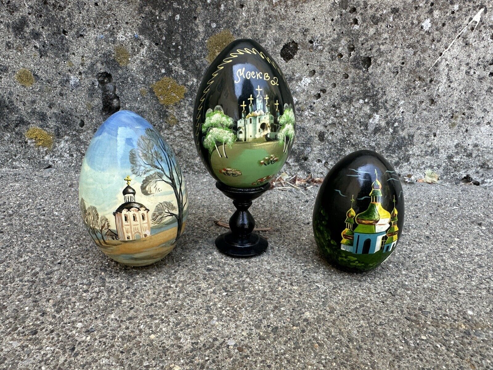 Vintage Russian Hand Painted Wood Egg Church Orthodox Folk Art Signed Lot Of 3