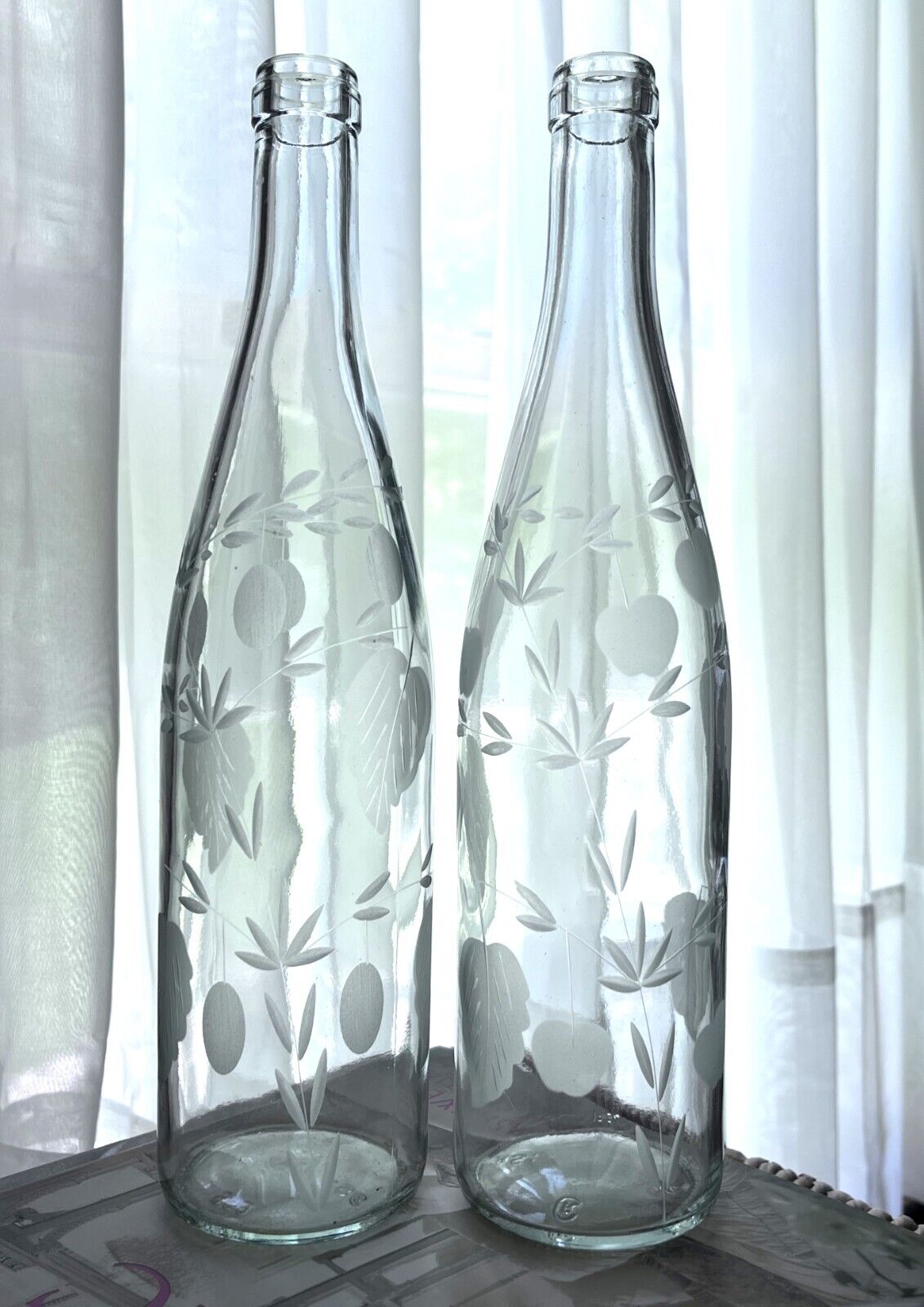 2 Vintage Bentson-West Rustic Casual Etched Glass Wine Water Oil Bottle Portugal