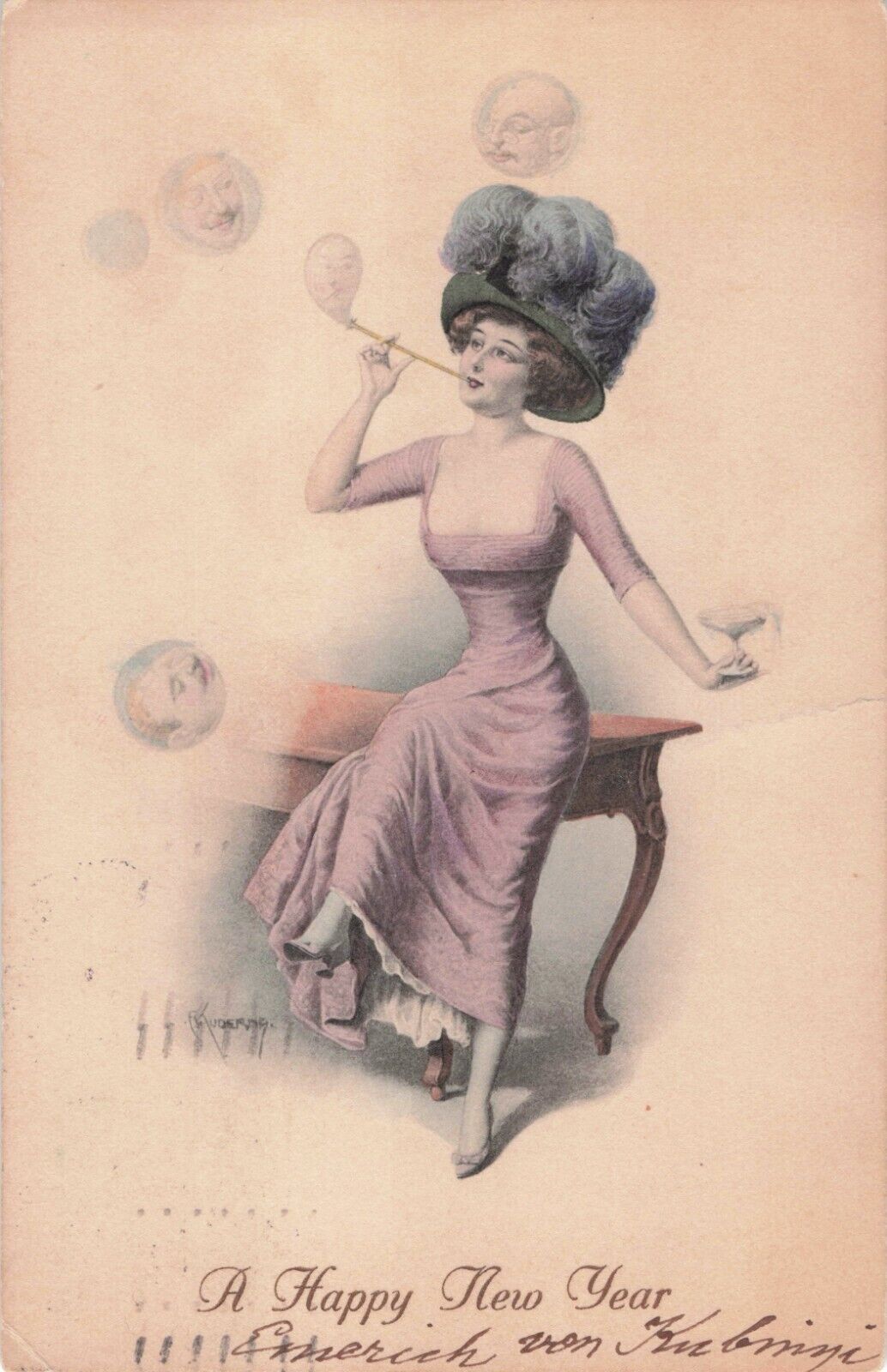 Artist Signed Vintage Postcard Franz Kuderna Pretty Lady Blows Bubbles New Years