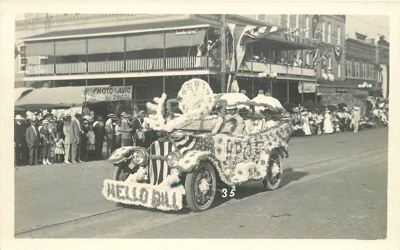 postcard C-1910 Hello Parade auto Elks Fraternal Ansonia Hotel RPPC 23-3404