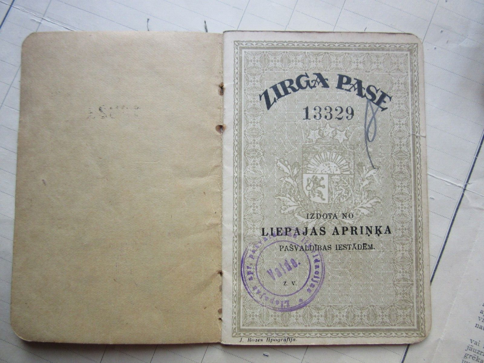 y1929 Passport for HORSE / issued in Liepaja reg. Latvia