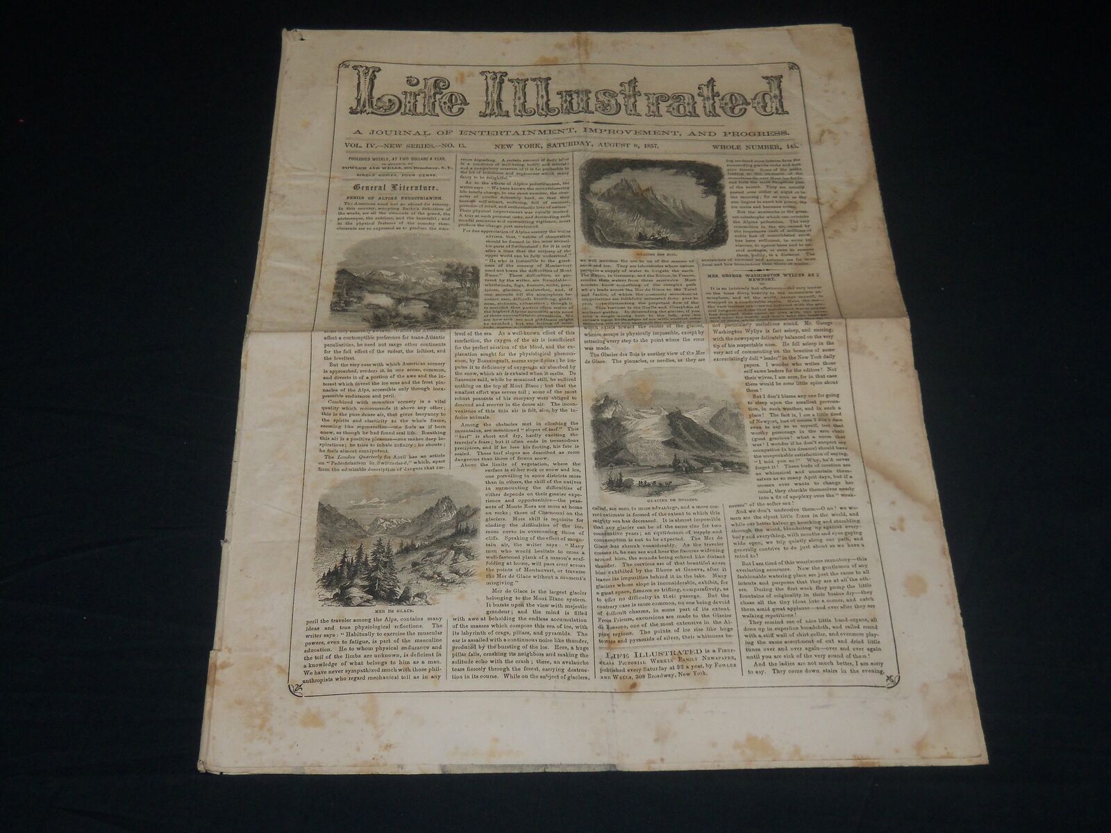 1857 AUGUST 8 LIFE ILLUSTRATED NEWSPAPER - ALPINE PEDESTRIANISM - NP 4787