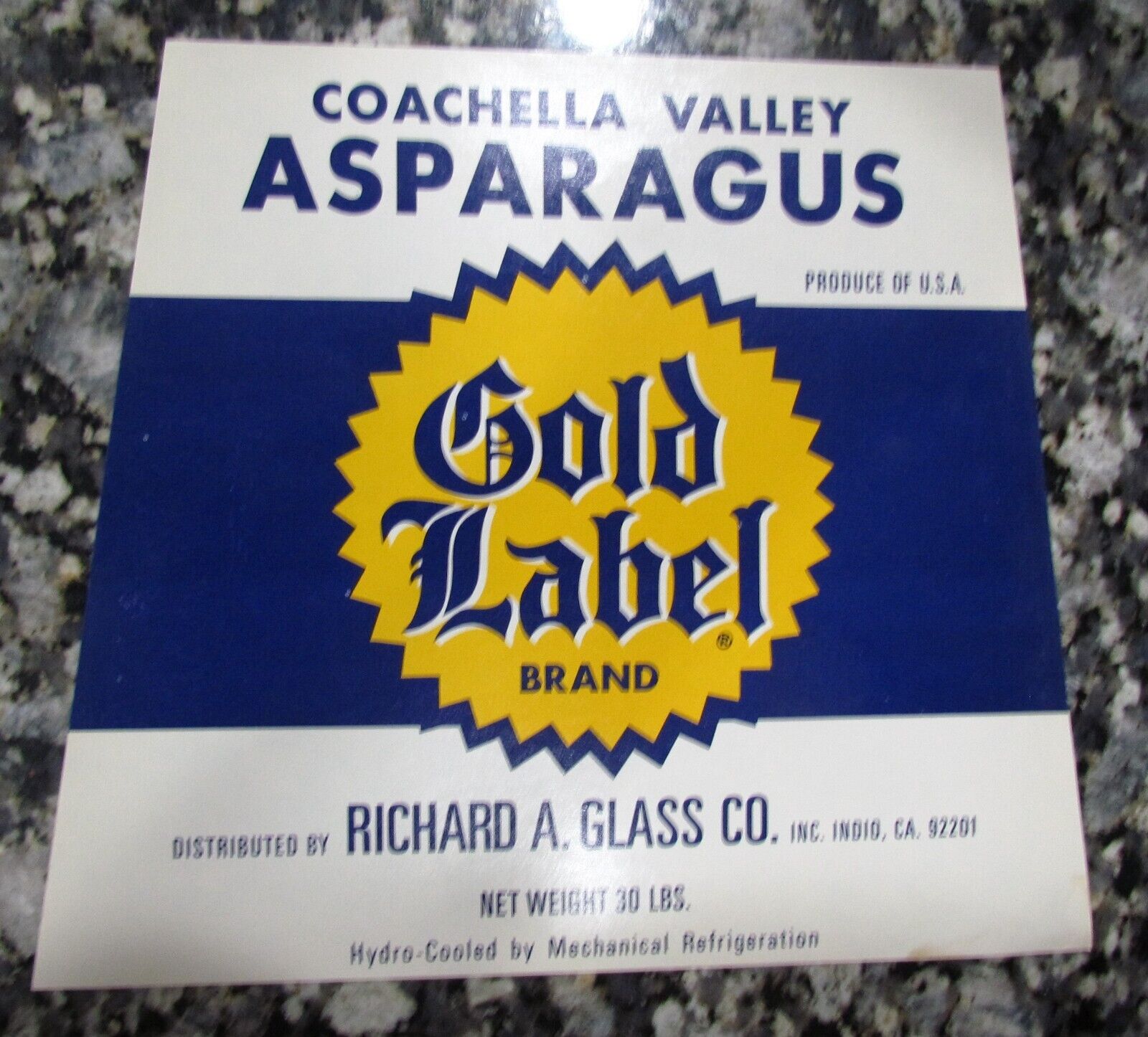 COACHELLA VALLEY ASPARAGUS, GOLD LABEL, INDIO CALIFORNIA, ORIGINAL PRODUCE LABEL