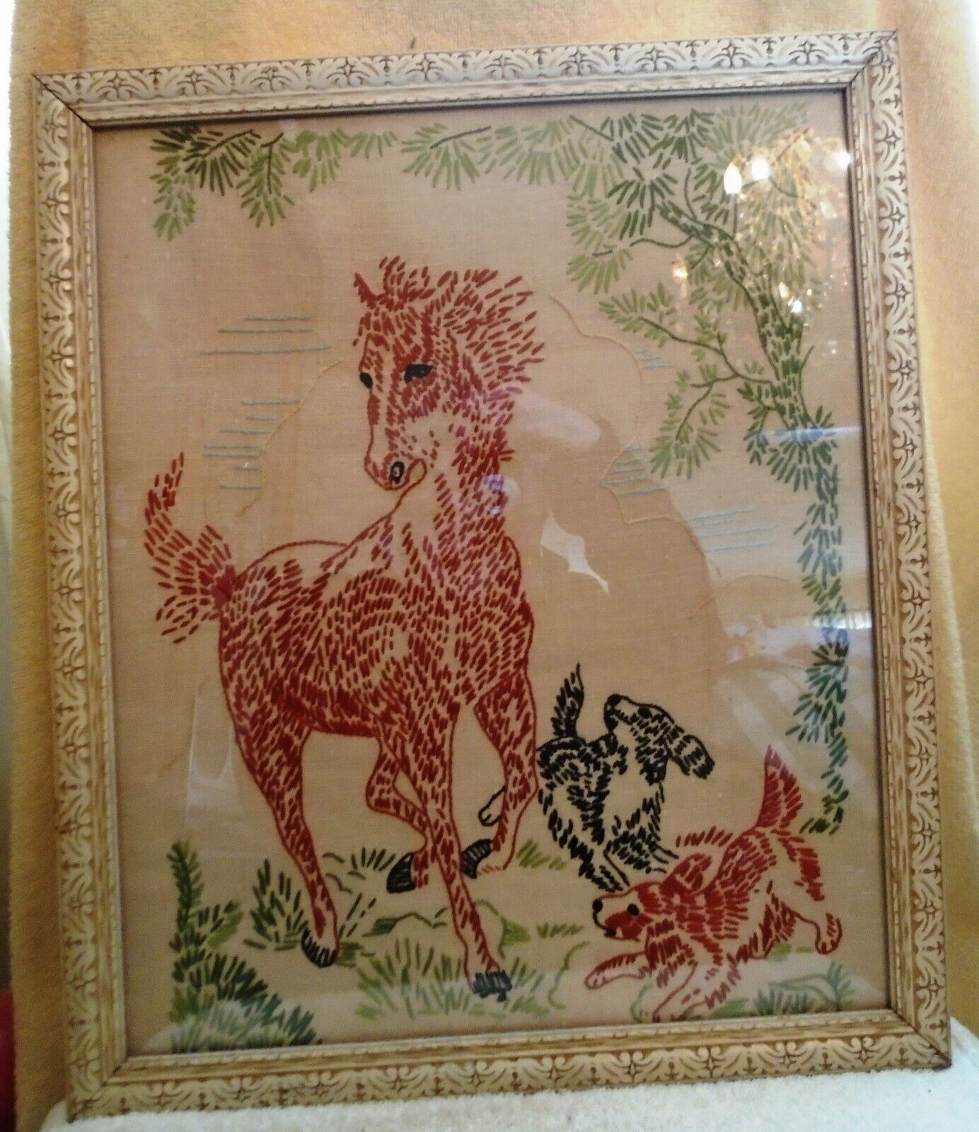 Vintage Large Framed Embroidered Horse and Dogs Playing 18 1/2 by 16 Inches