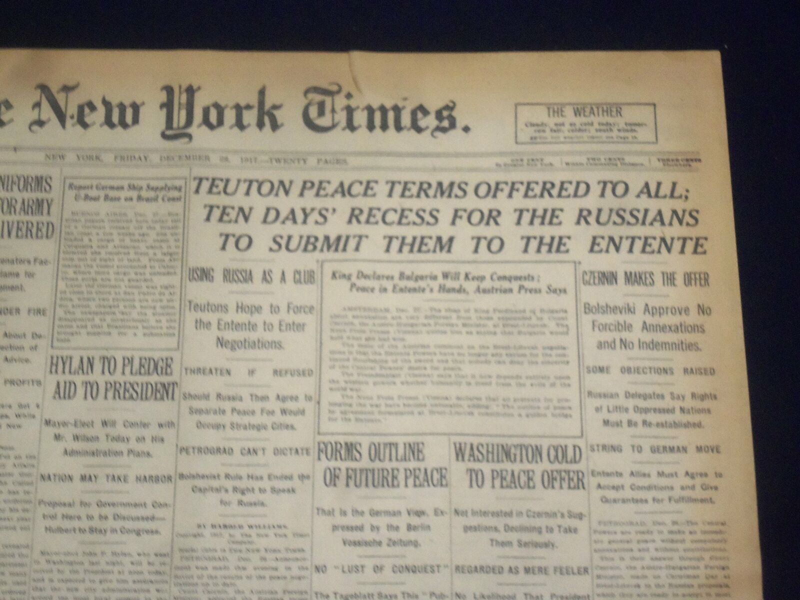 1917 DECEMBER 28 NEW YORK TIMES - TEUTON PEACE TERMS OFFERED TO ALL - NT 8264