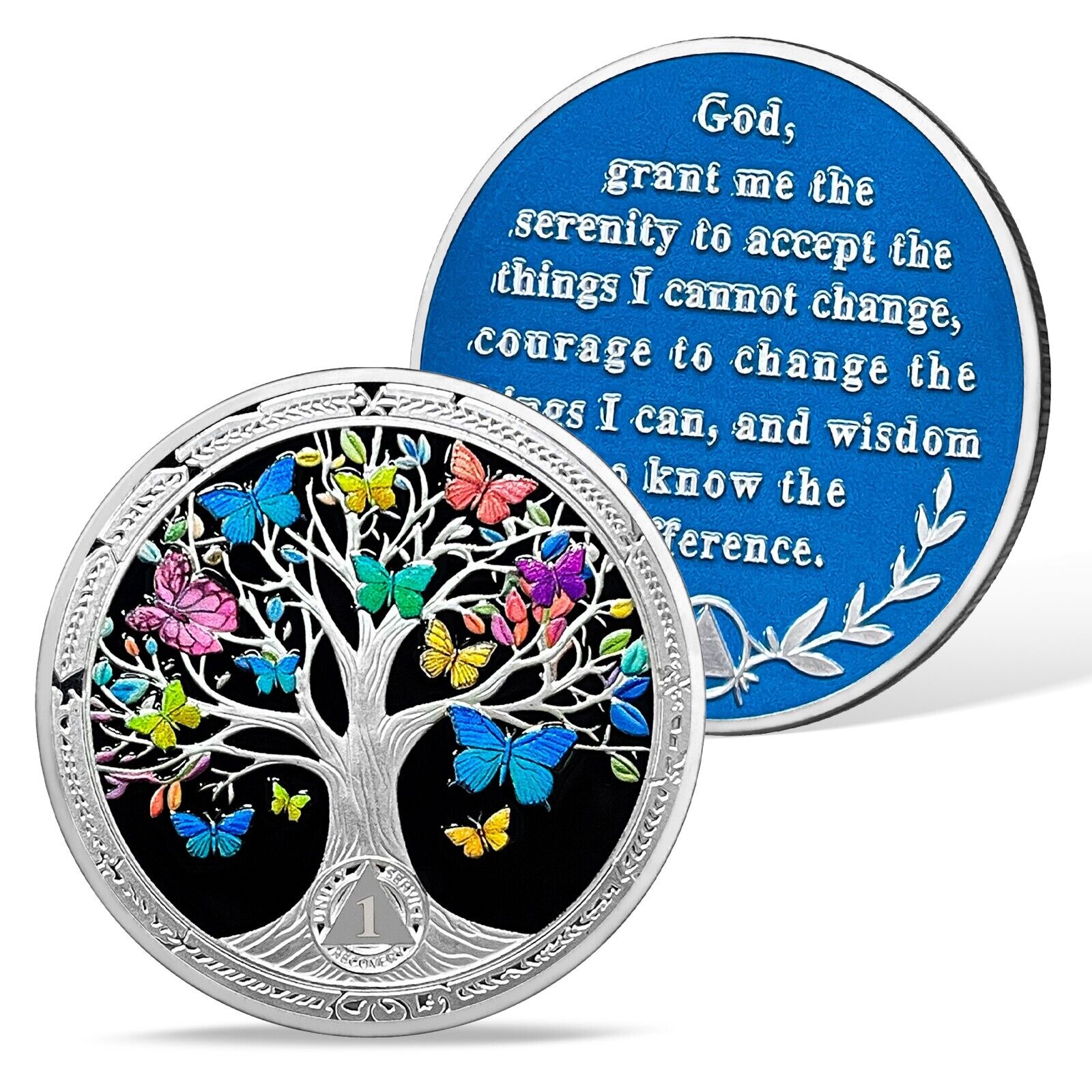 Vintage 1 Year Sobriety Coin Recovery Tree of Life AA Coins Colorful Butterfly