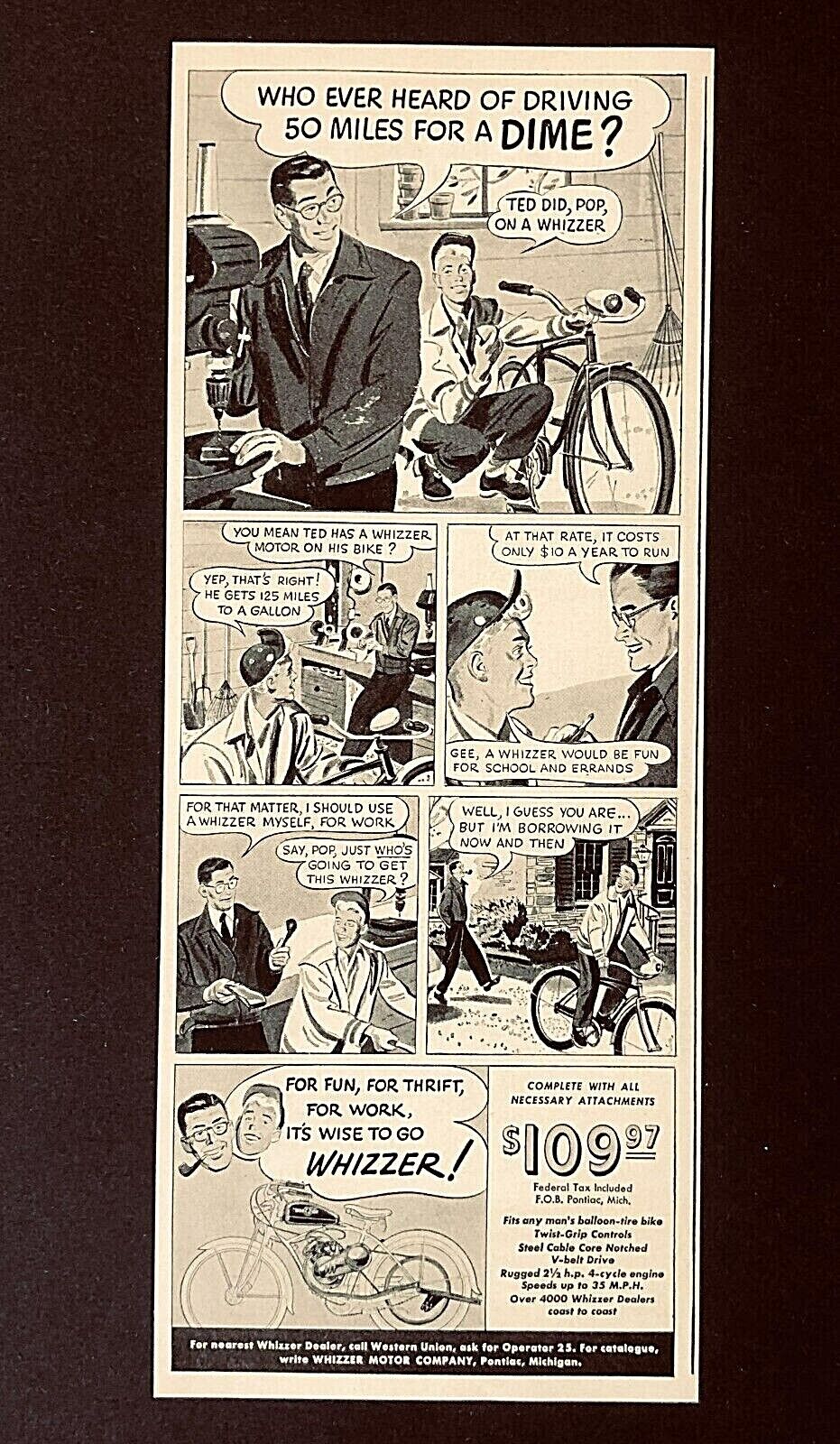 1949 Whizzer Bicycle Engine Advertisement Bike Motor Comic Strip Vtg Print AD