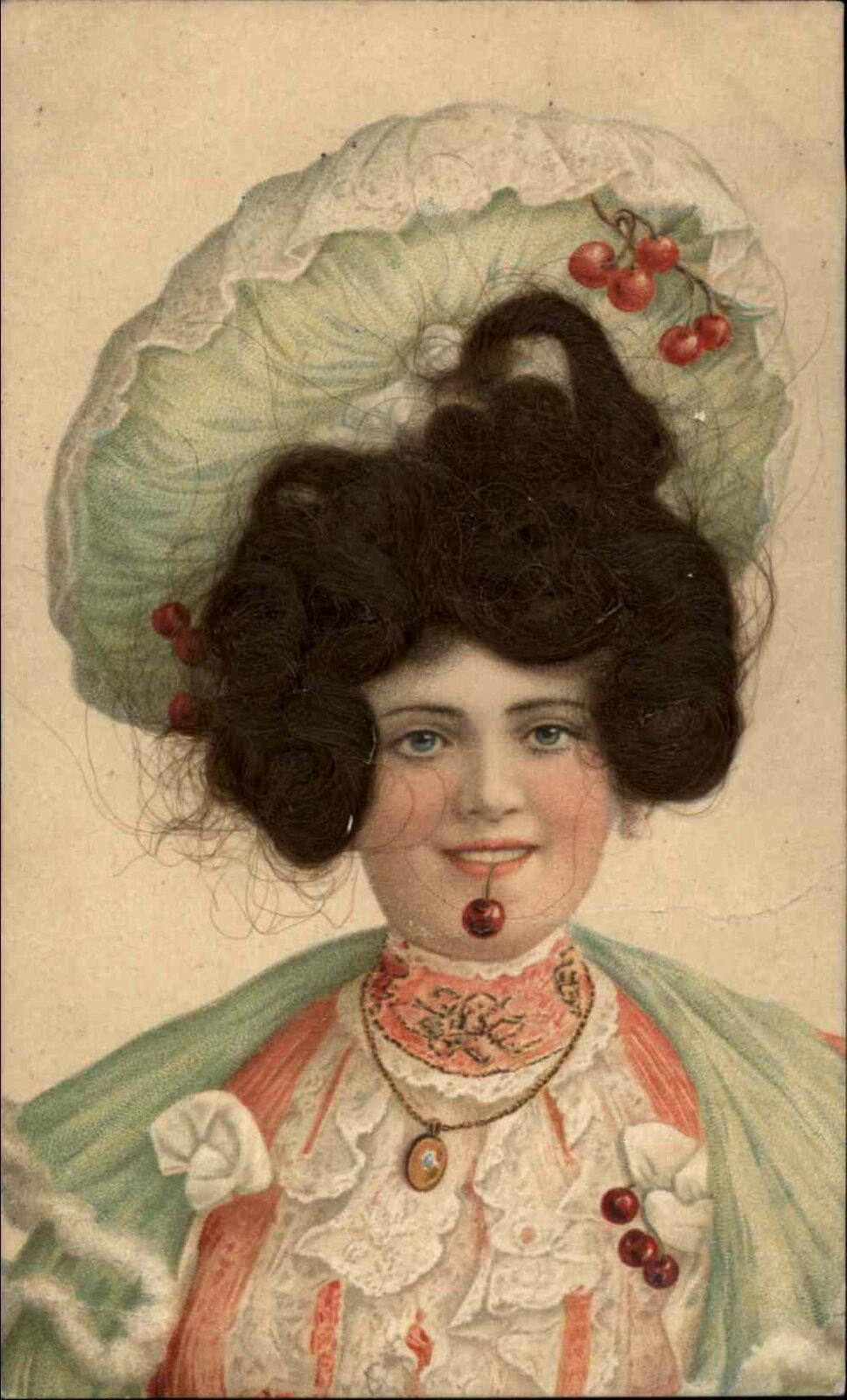 Beautiful Woman Real Hair Novelty Cherries c1905 Postcard