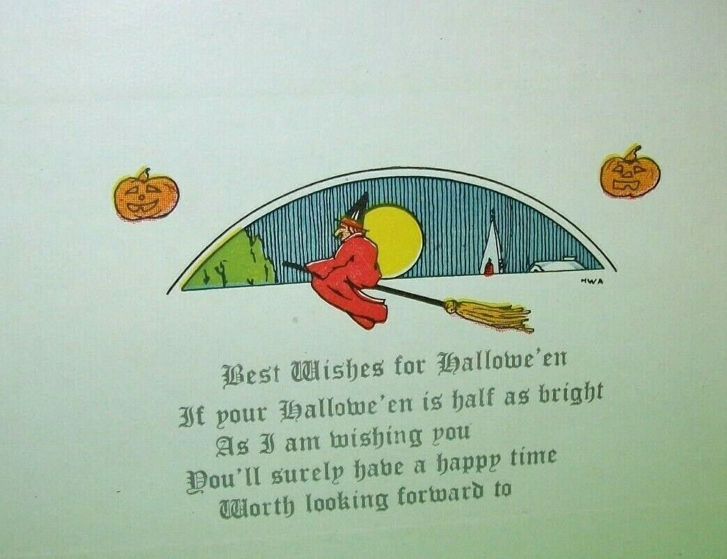 Antique Halloween Postcard Witch On Broom Moon Original HWA Auburn Unused 2500