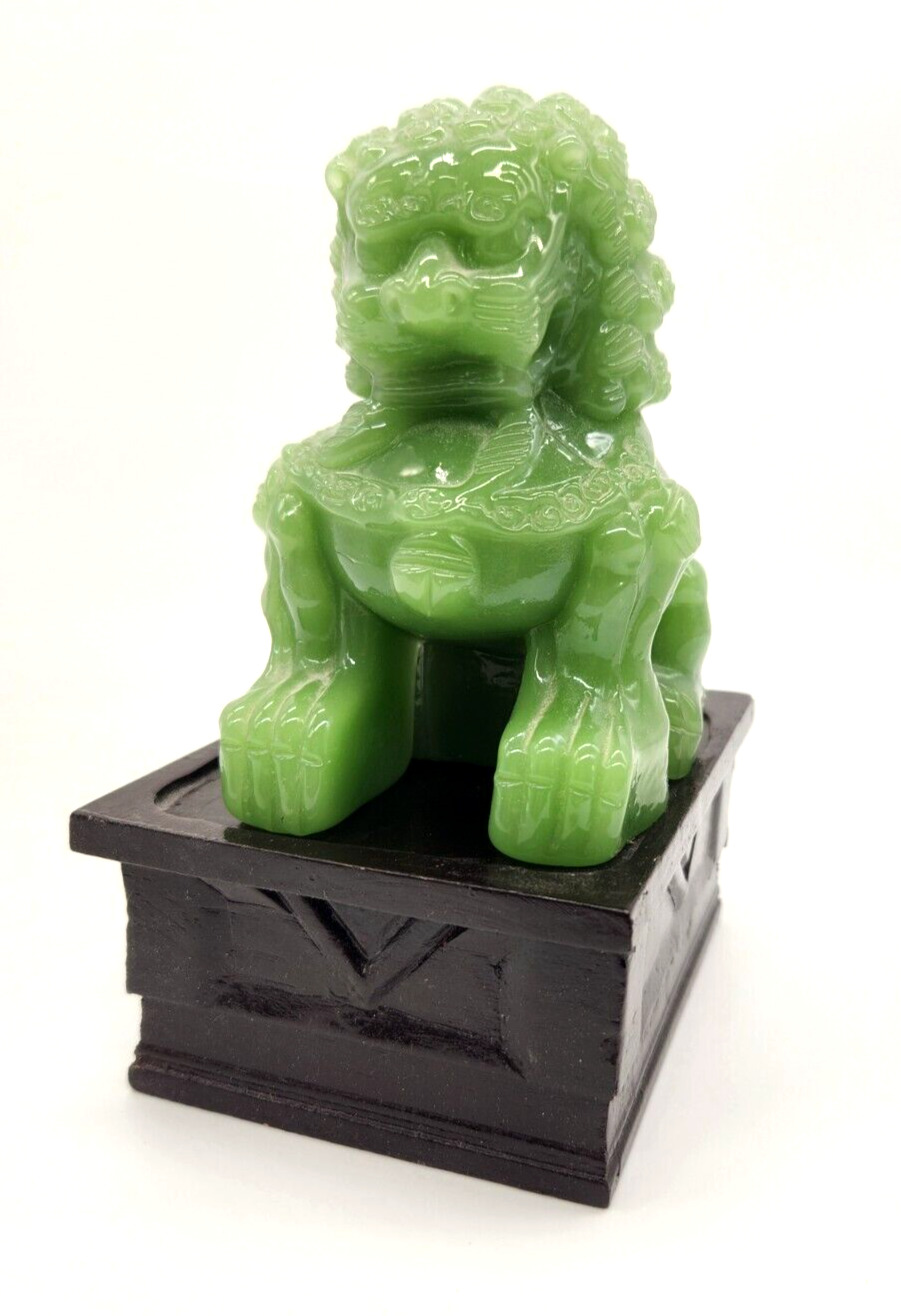 Vintage Chinese Carved Green Jade Lion Protection Figurine Statue on Stand