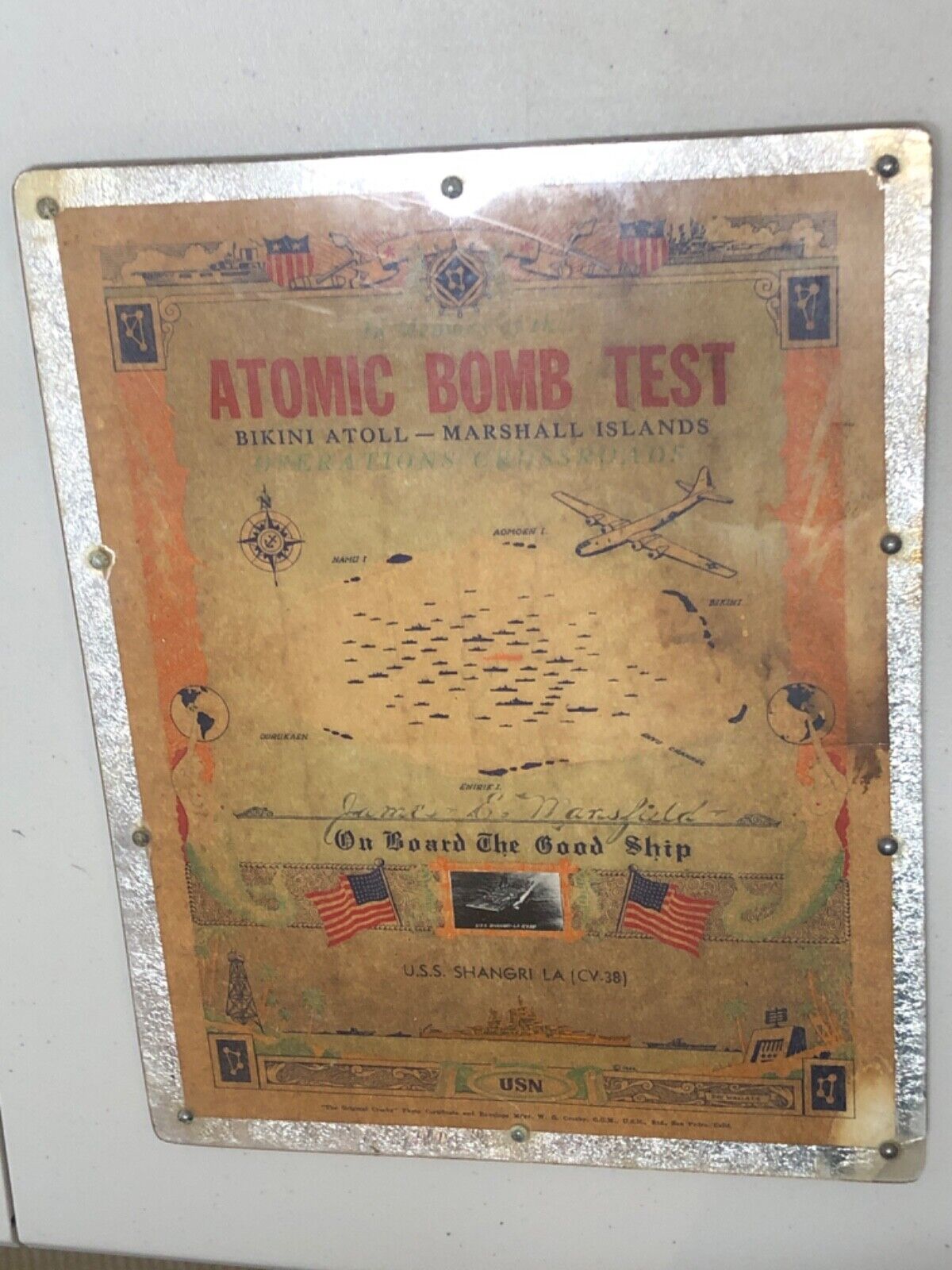 1946 US Navy Atomic Bomb Test Certificate James Mansfield U.S.S. Shangri La