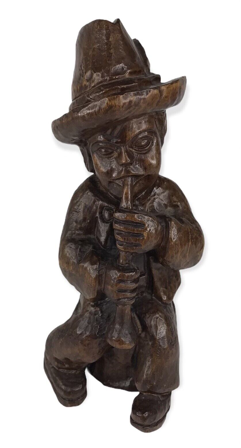Vintage Wood Carved German Figure Boy Playing Flute