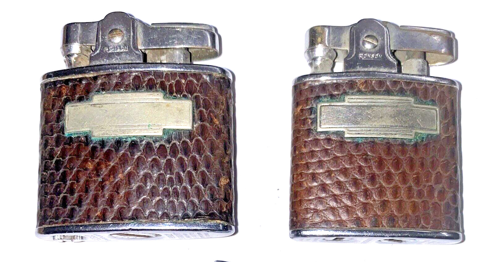 ☛☞LOT of  2 Vintage Ronson “Standard” Leather-Wrapped Snakeskin Lighters💥☜