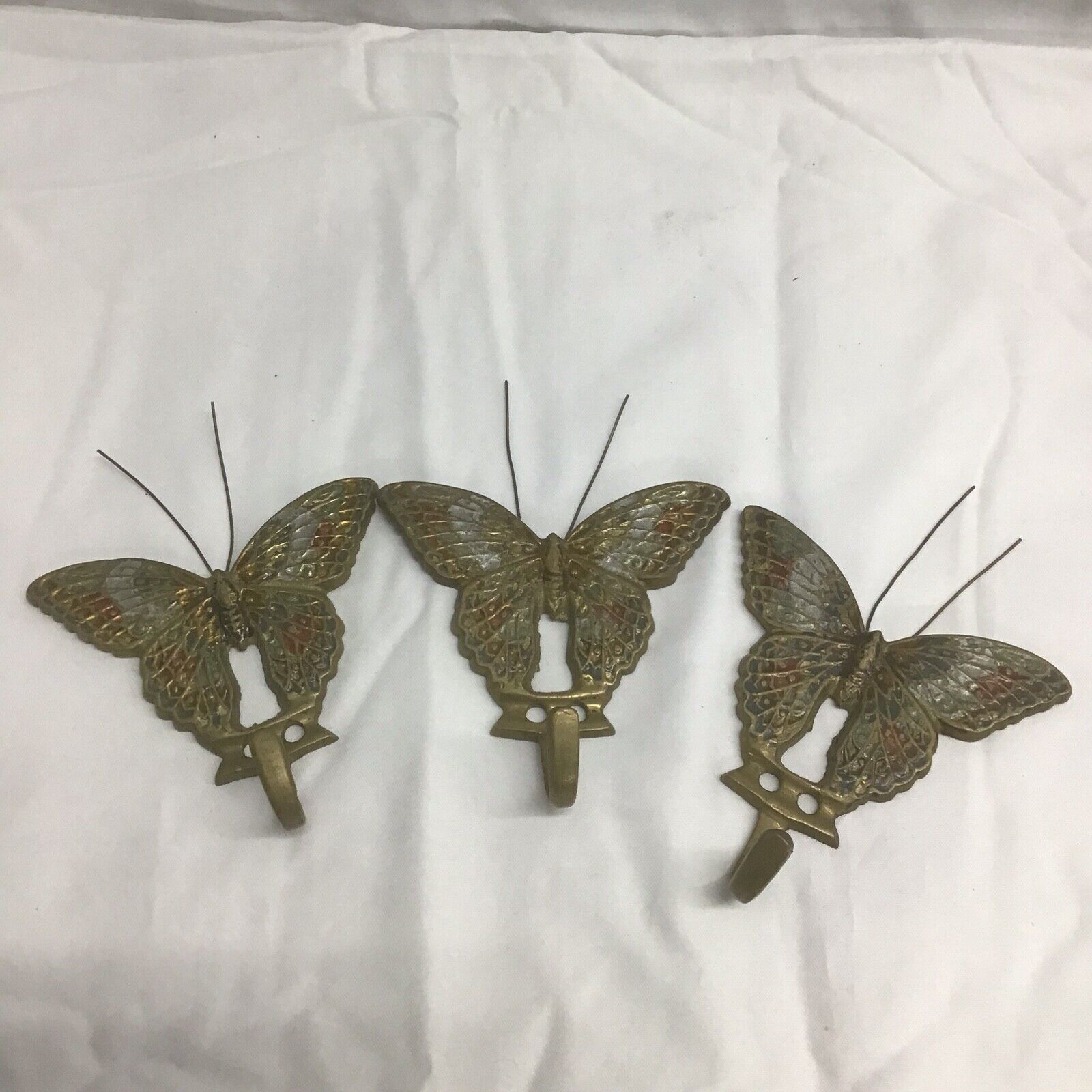 Vintage/Antique Enameled Brass Butterfly Wall Hooks Set Of 3
