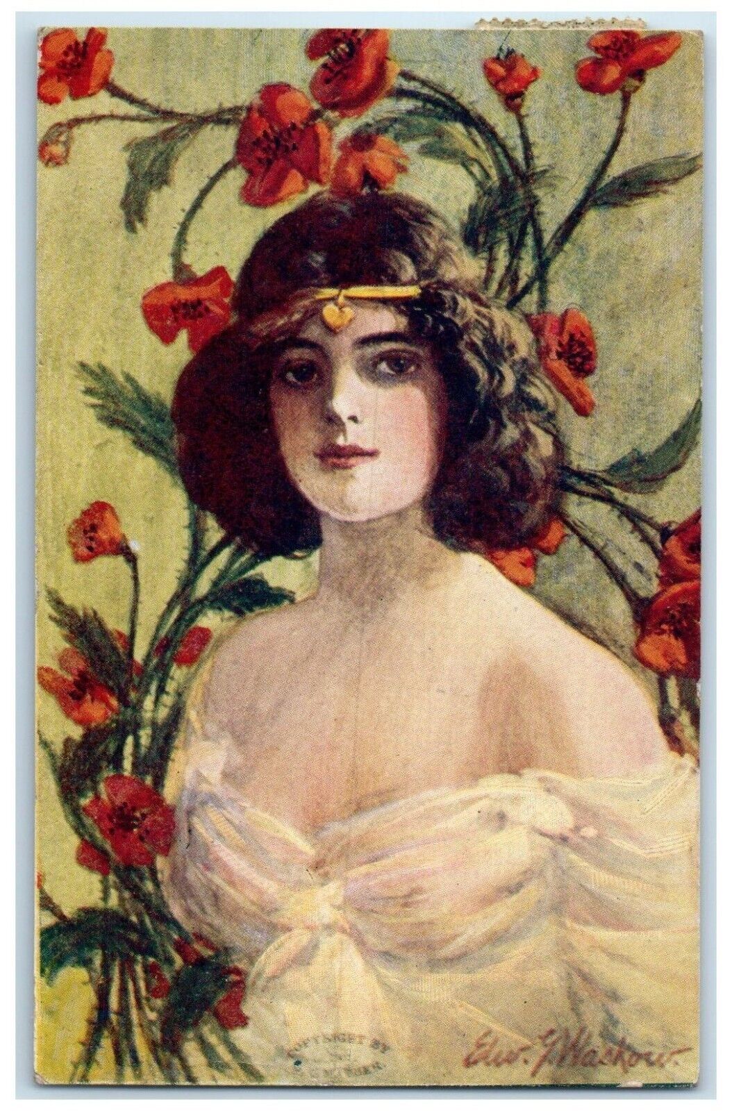 1909 Pretty Woman Curly Hair Flowers Lake Preston South Dakota SD Postcard