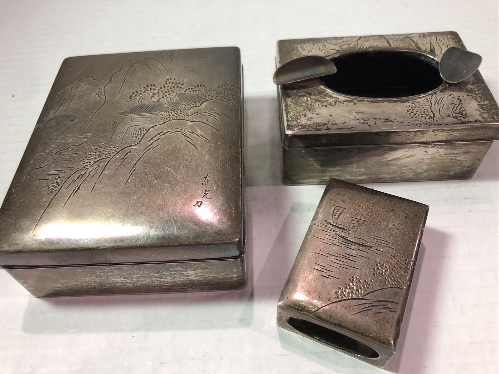 1880’s Orient Sterling Fine Silver Smoking Set Cigarette Box Ashtray Match Safe