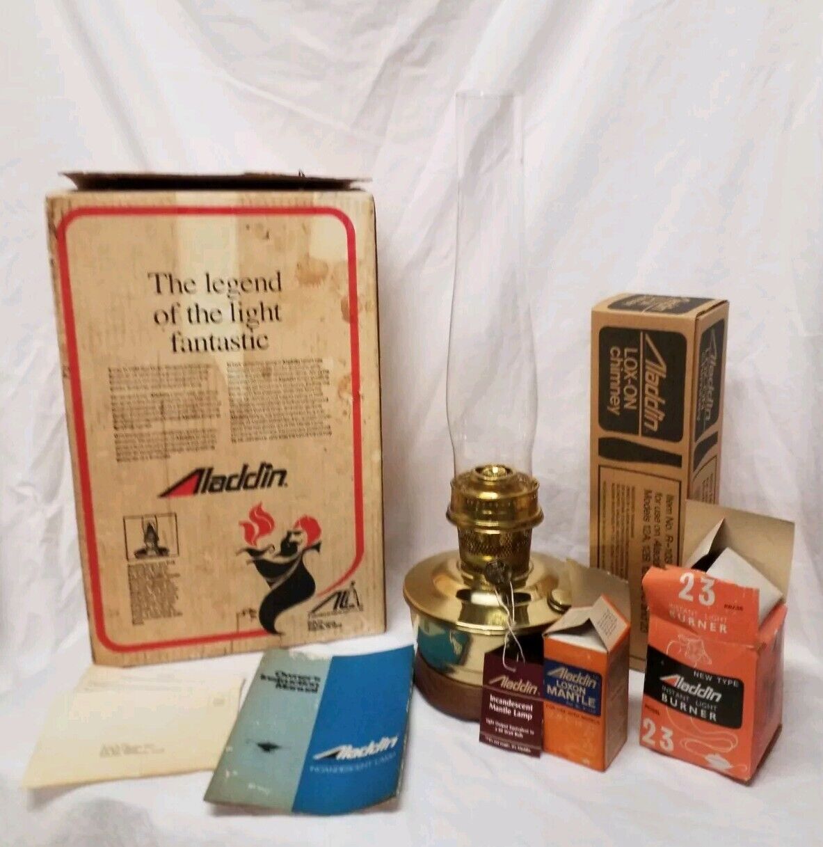 Vintage Aladdin Brass Incandescent Oil Lamp B2402 Lox-On Chimney OG Box +Manuals