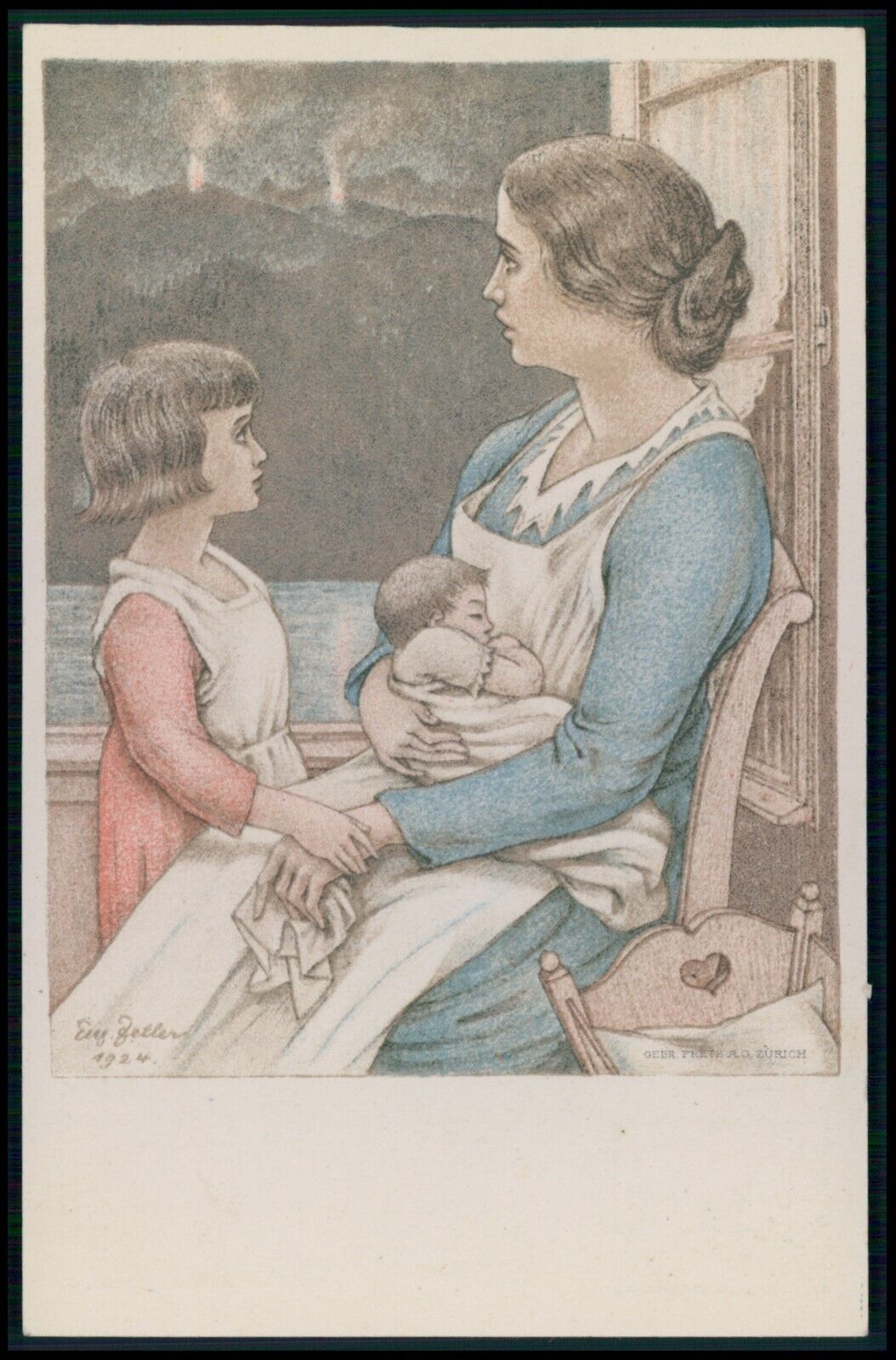 Swiss National Day Working abroad mothers Switzerland original 1914 postcard 