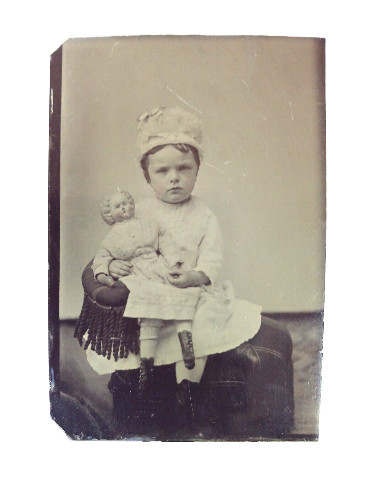 Antique Tintype Girl with Blonde German China Doll 1880s