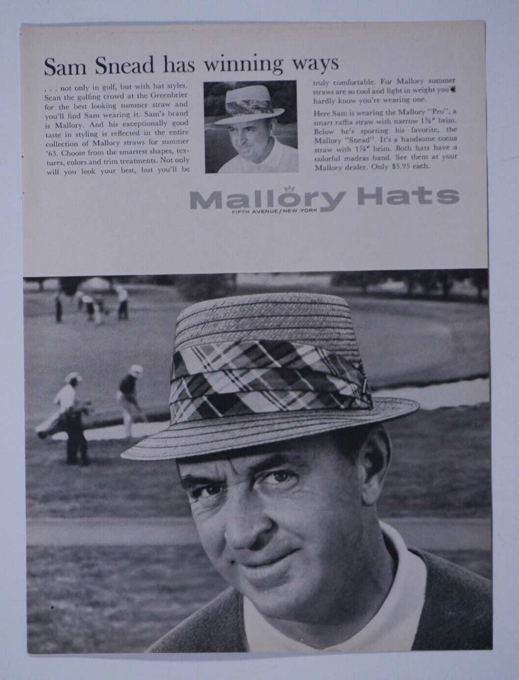 1963 Sam Snead Vintage Mallory Hat Original Print Ad 8.5 x 11\