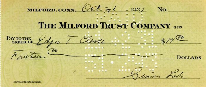 Milford Trust Company Check signed by Simon Lake - 1931 dated Autograph - Autogr