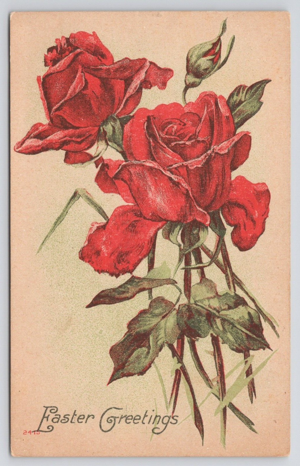 Easter Greetings Red Roses Embossed Divided Back Postcard
