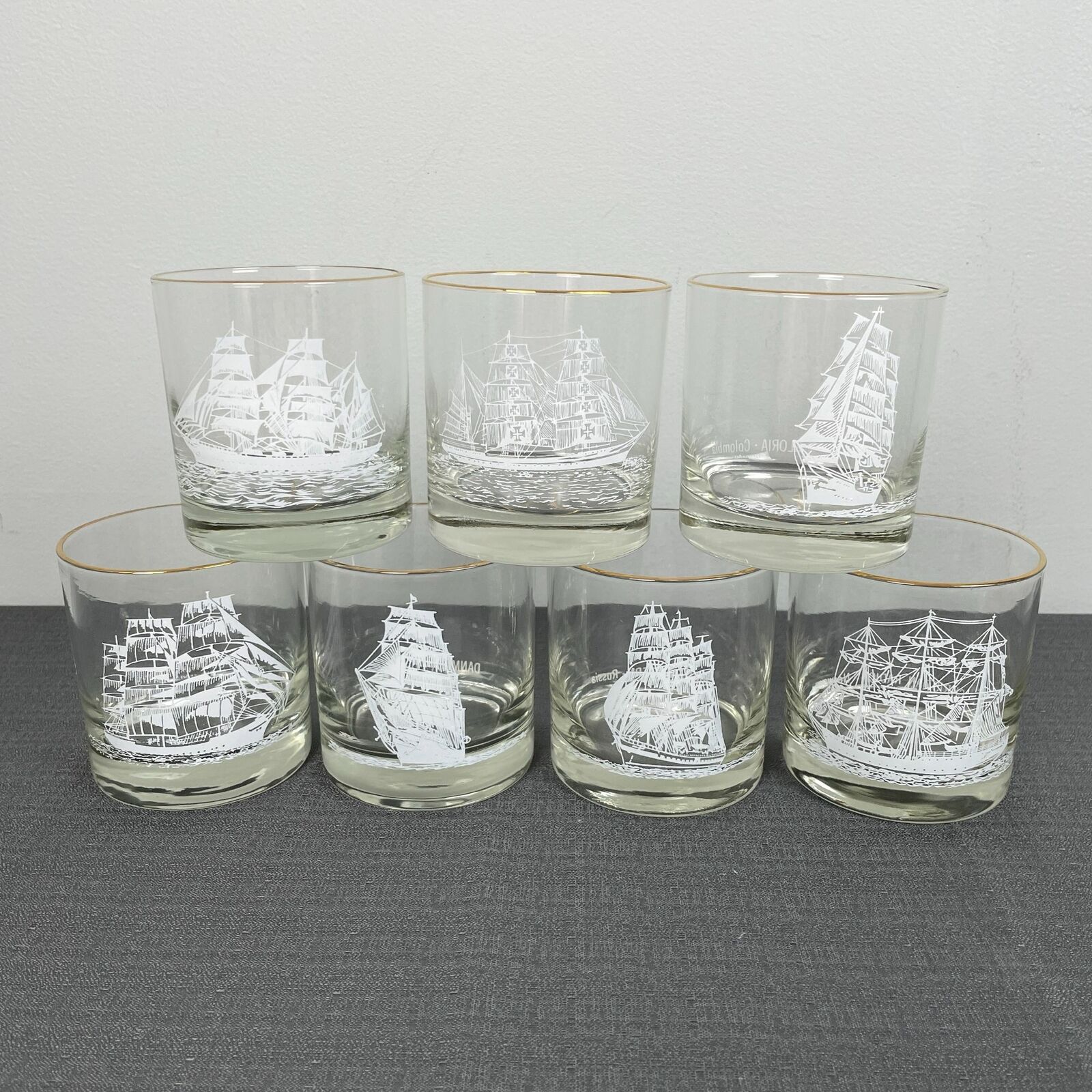 Set of 7 Houze Art Nautical Ship Clipper Maritime Whiskey Rocks Glasses