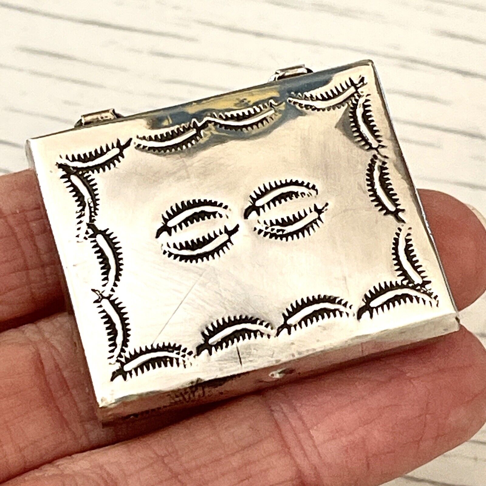 Navajo Pill Box Stamped Handmade Sterling Silver Signed Chee Stash Case Lidded
