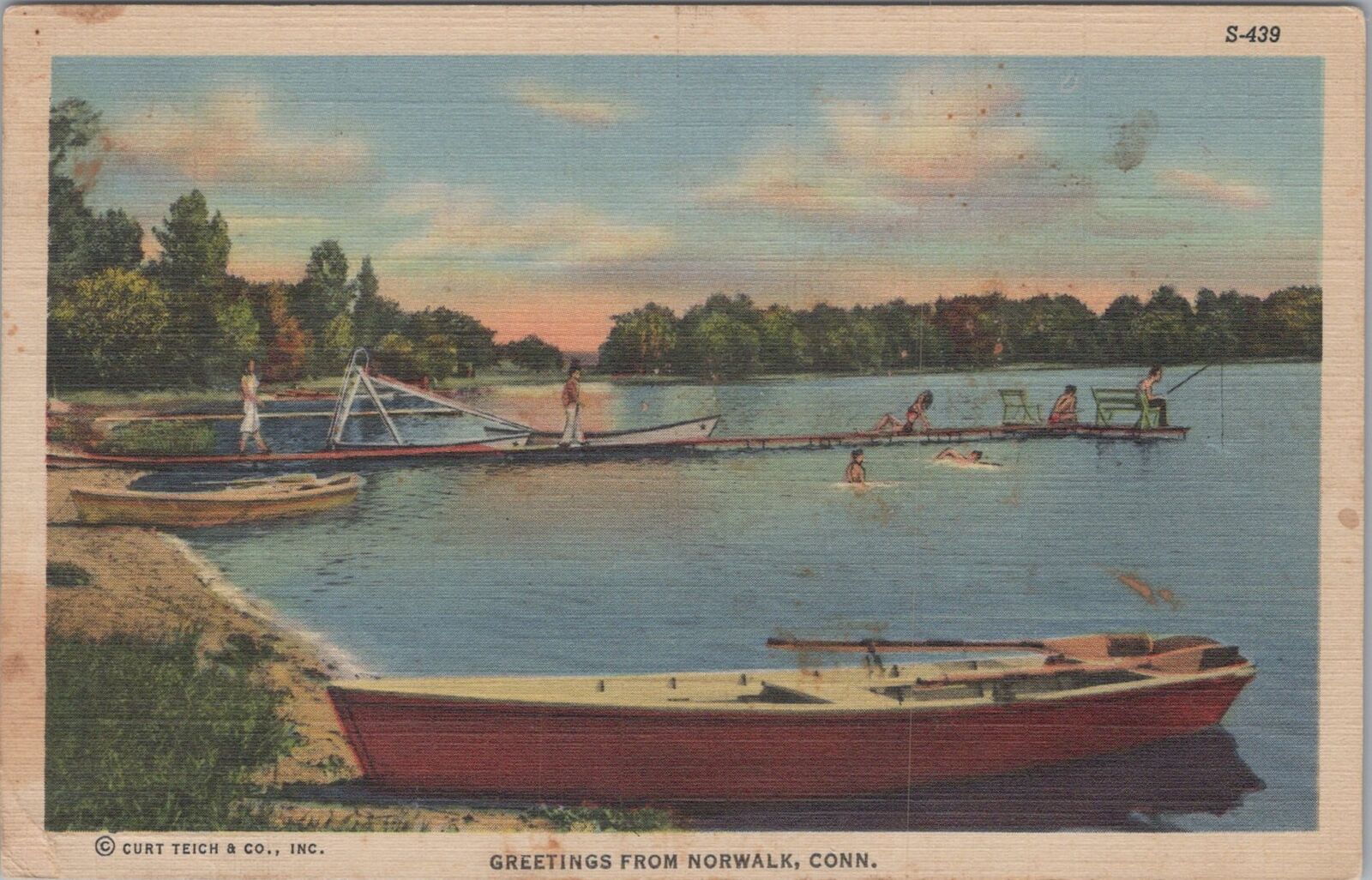 Greetings from Norwalk Connecticut 1945 Boats Swimmers Postcard