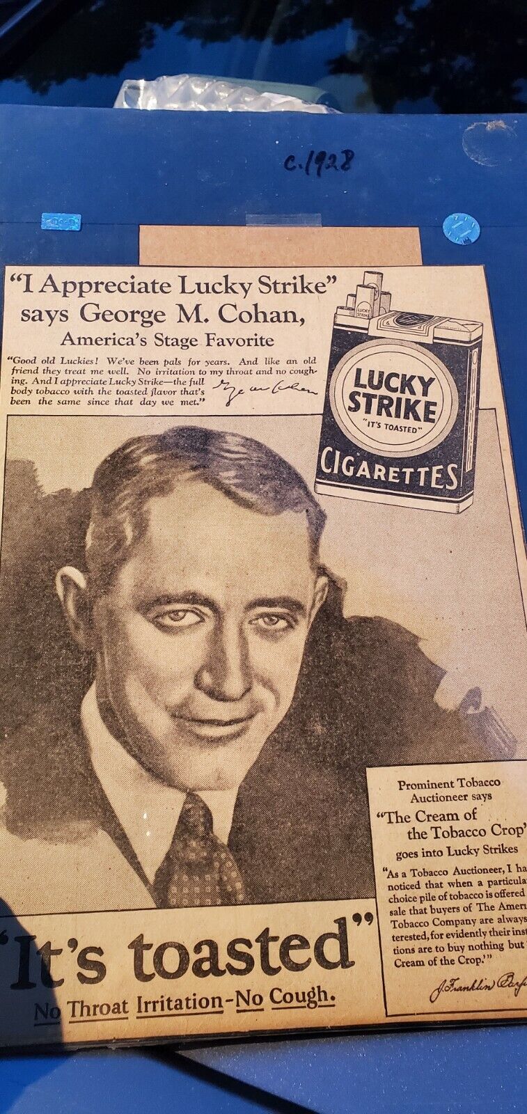 1928 George M. Cohan portrait Lucky Strike  vintage print ad 1 OF A KIND SEALED