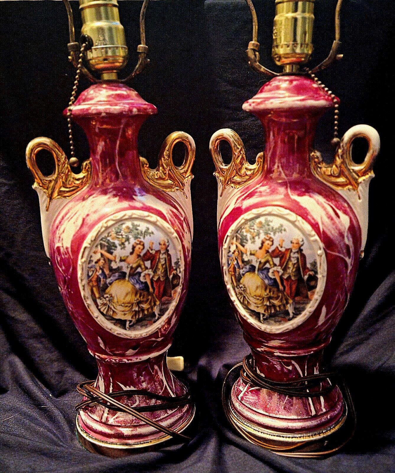 2 VICTORIAN VNTG Porcelain Lamps-George&Martha-ANTQ/ HAND PAINTED-shds incl