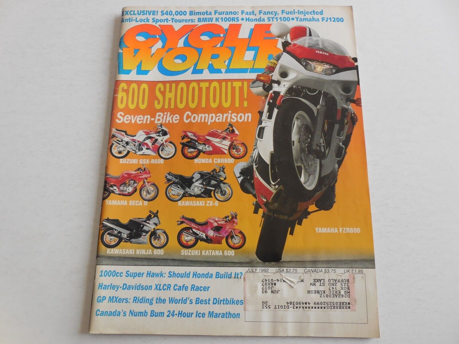 Cycle World July 1992 Bimota, Harley XLCR Cafe Racer, Honda CBR600F2, ST1100