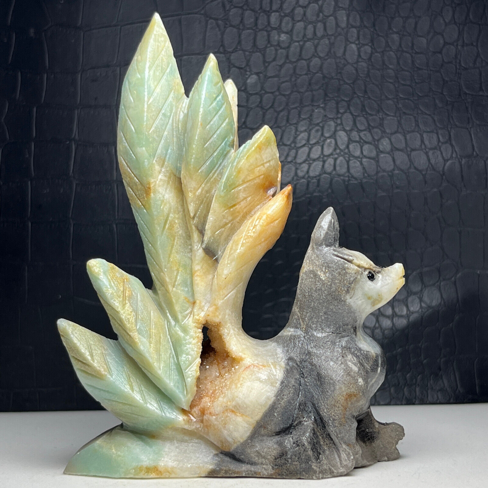 483g Natural Crystal Specimen.Amazon Stone. Hand-carved Nine-tailed fox.Gift.PI