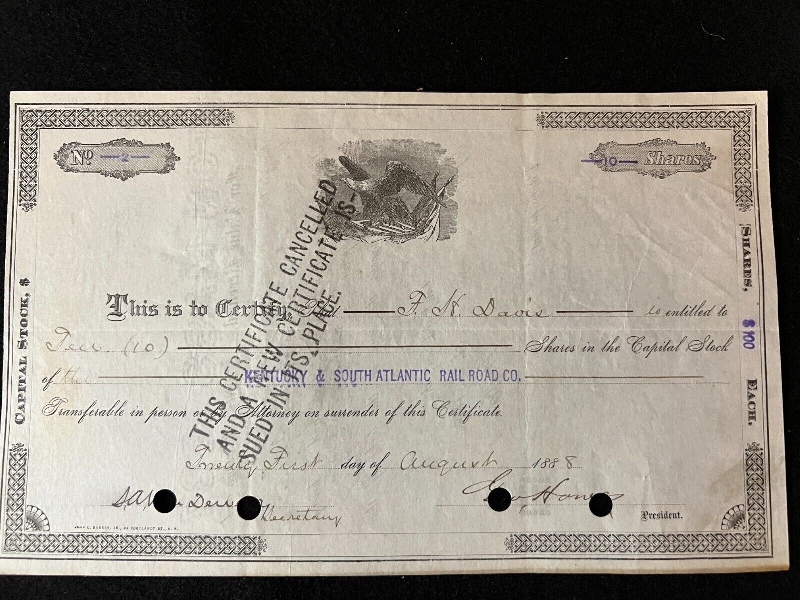 1888 Kentucky & South Atlantic Railroad Co. Certificate No. 2 for 10 Shares