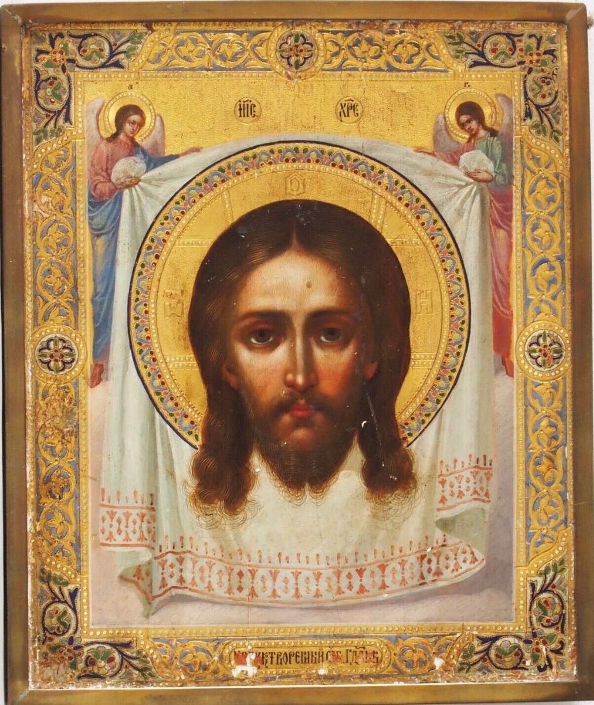 Antique icon “Mandylion of Christ”. Palekh school. (1880-1900).