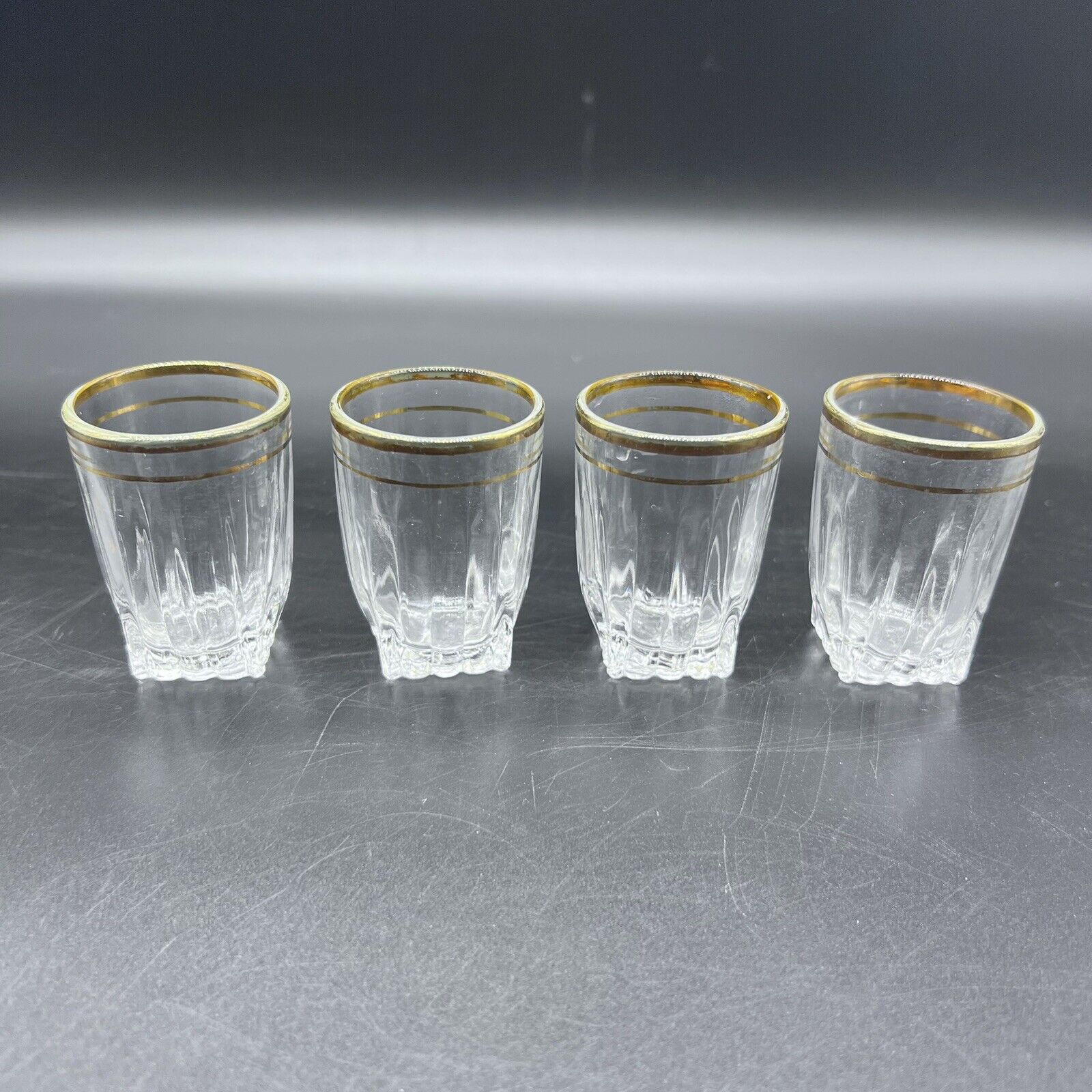 4 RARE Vintage Federal Glass Company Crystal and Gold-rimmed Shot Glasses
