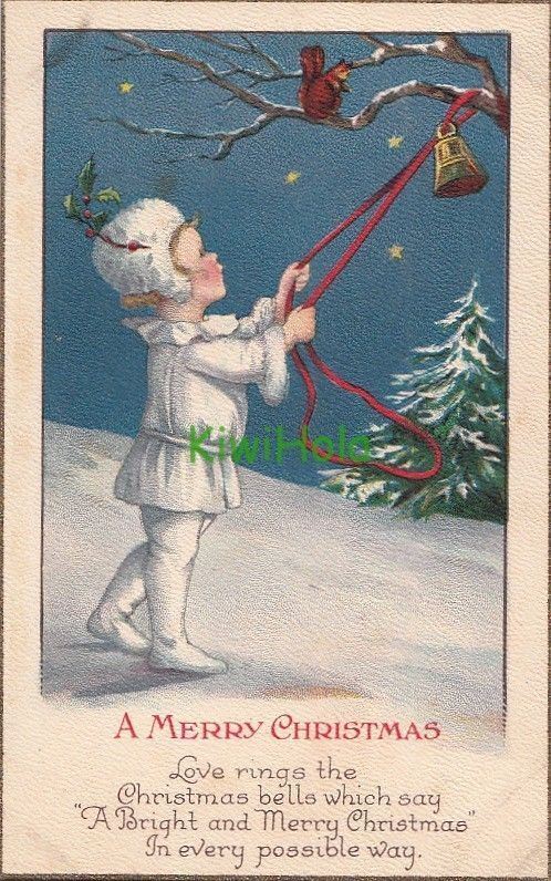 Postcard A Merry Christmas Little Girl Ringing Bell