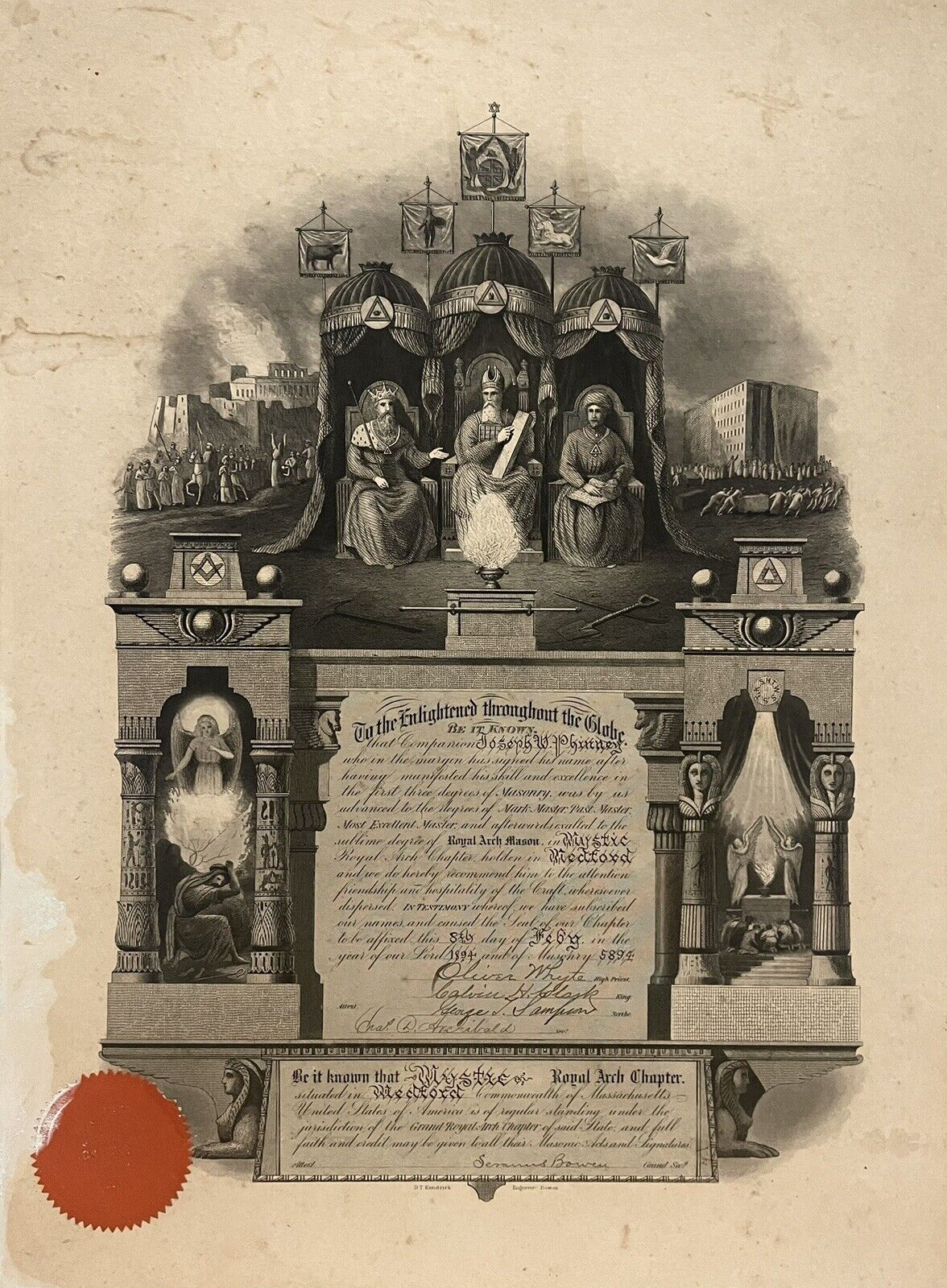 Antique 1894 Royal Arch Mason Medford MA WAITE Congress Signed Historic Document