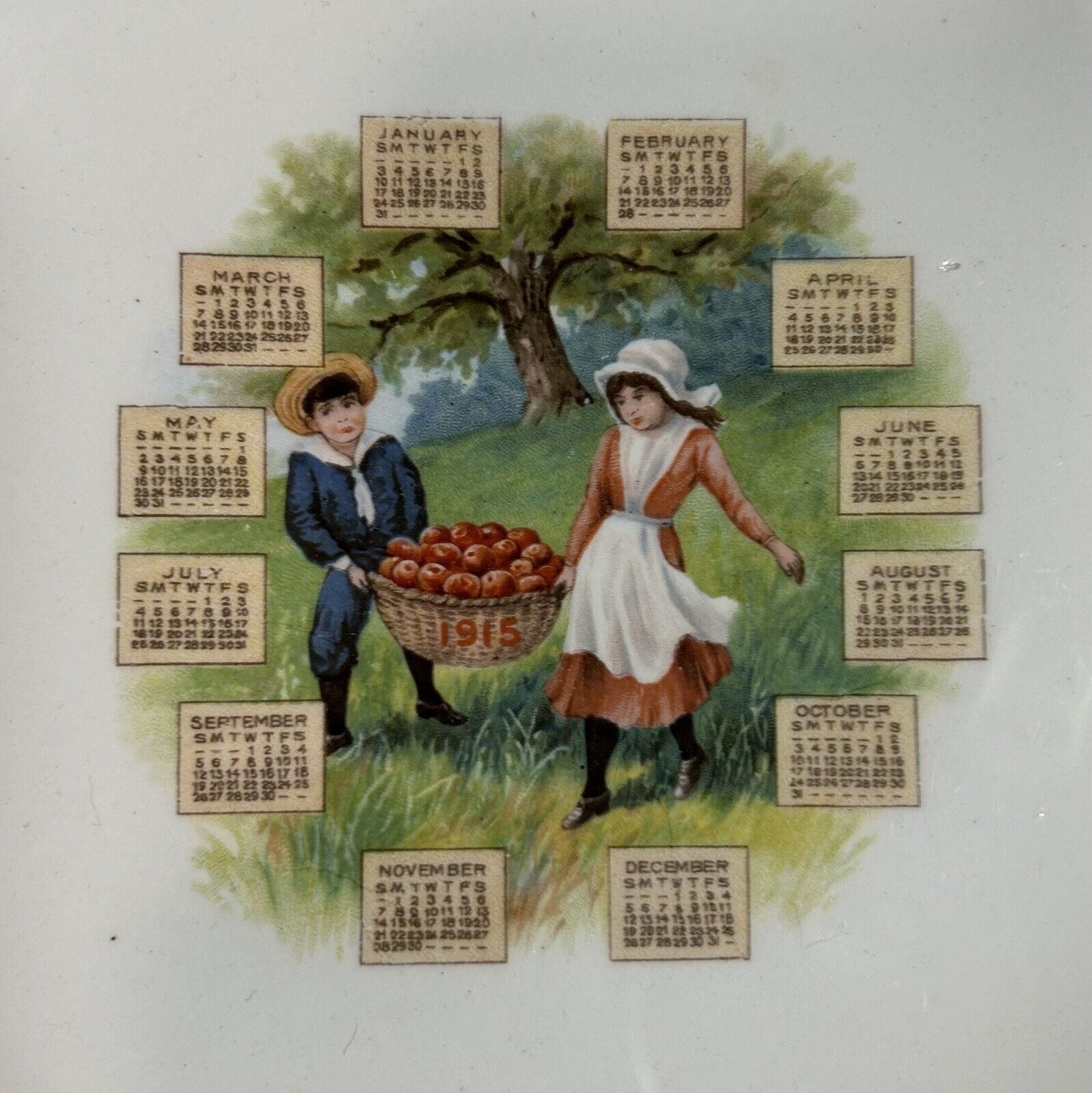 1915 Antique Calendar Plate Porcelain Cabinet /Wall *Grandmacore* Apple Orchard