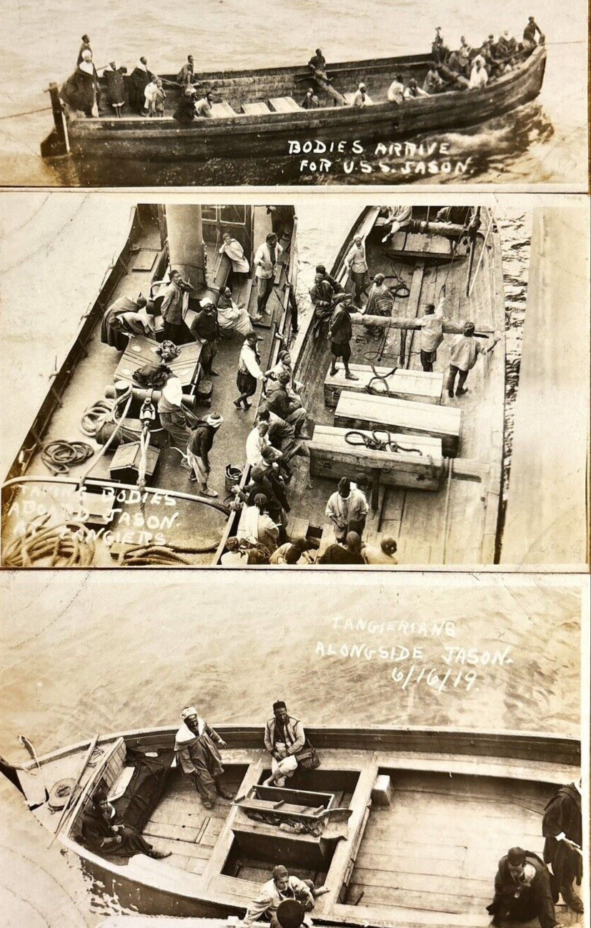 WWI USS Jason AC-12 Taking Bodies Aboard US Navy Ship 3 Real Photo Postcard Set