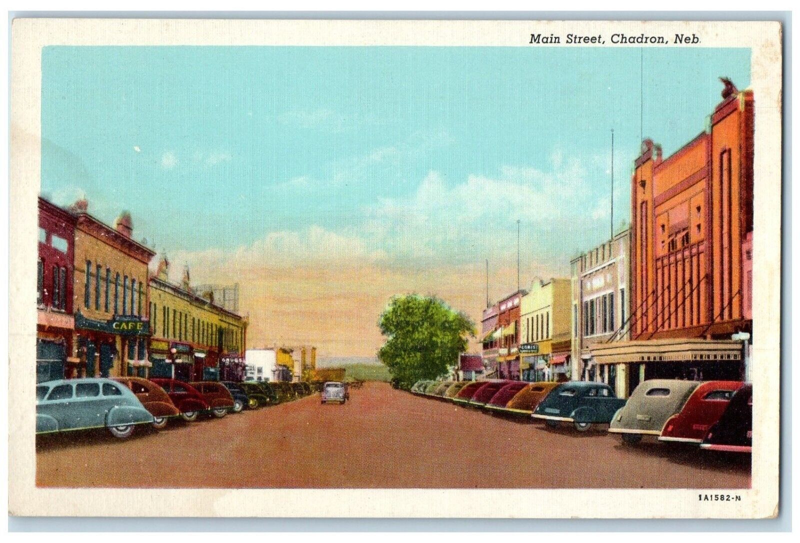 c1940 Main Street Buildings Classic Cars Road Chadron Nebraska Unposted Postcard