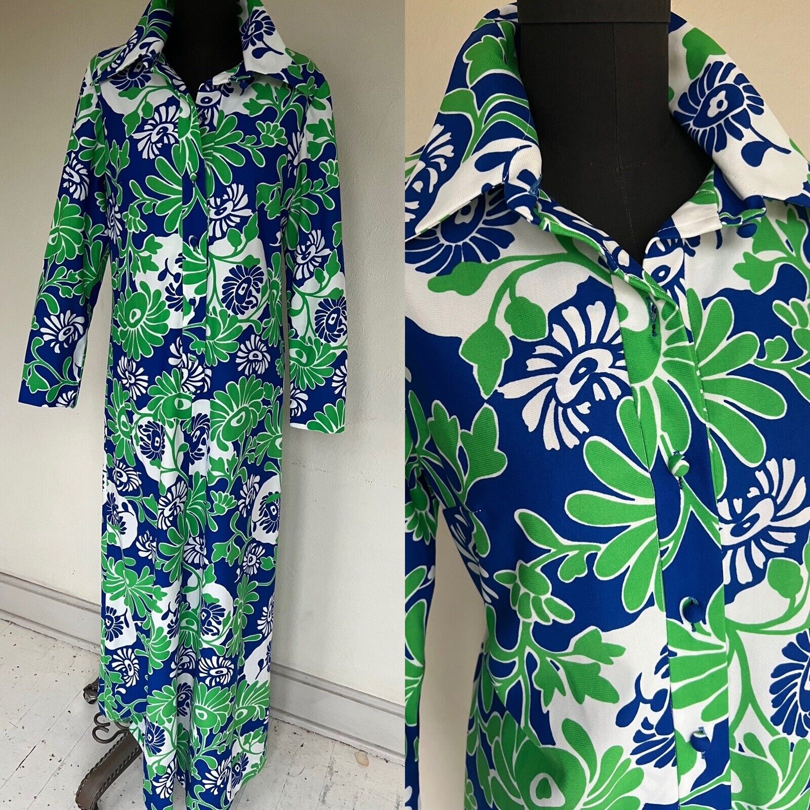 VTG 60\'s TRULY SOCIAL NORA ZANDRE Kaftan Tunic Dress Blue Green Floral M L GREAT