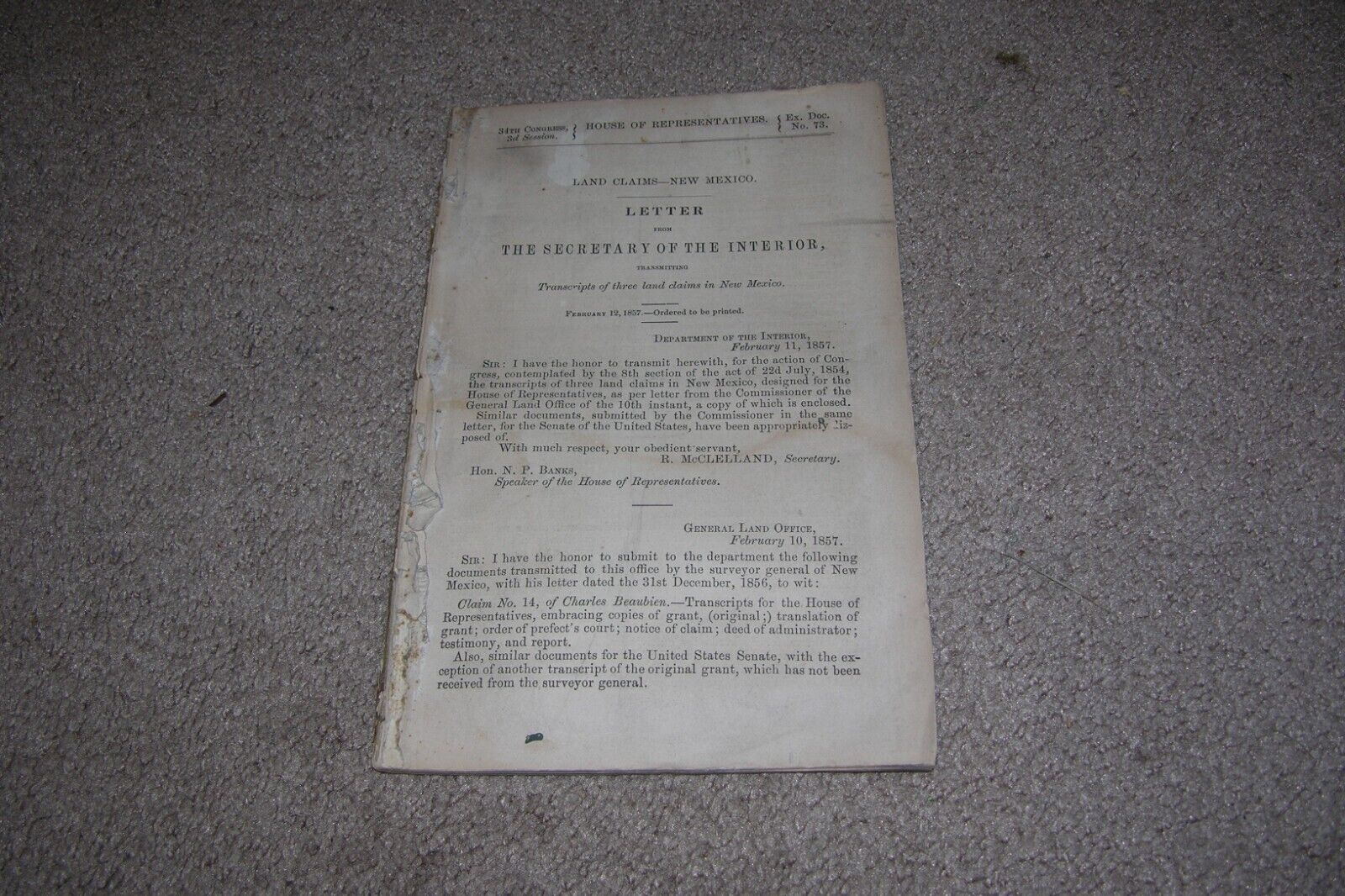 1857 Land Claims New Mexico Government Document
