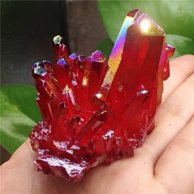 Natural Aura Red Titanium Geode Quartz Crystal Cluster Mineral Rough Stone Reiki