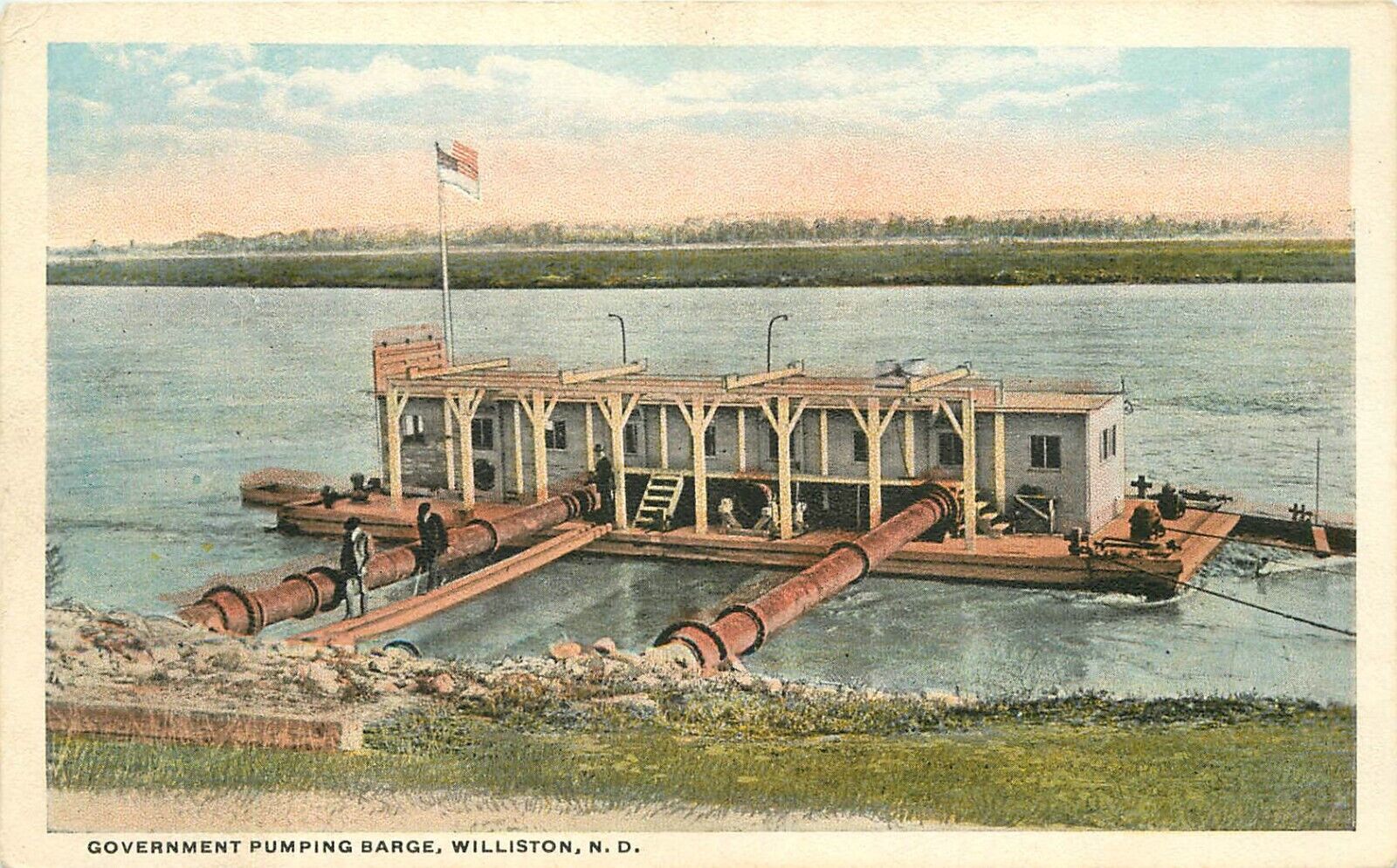 C-1910 North Dakota Williston Government Pumping Barge Postcard 22-11645