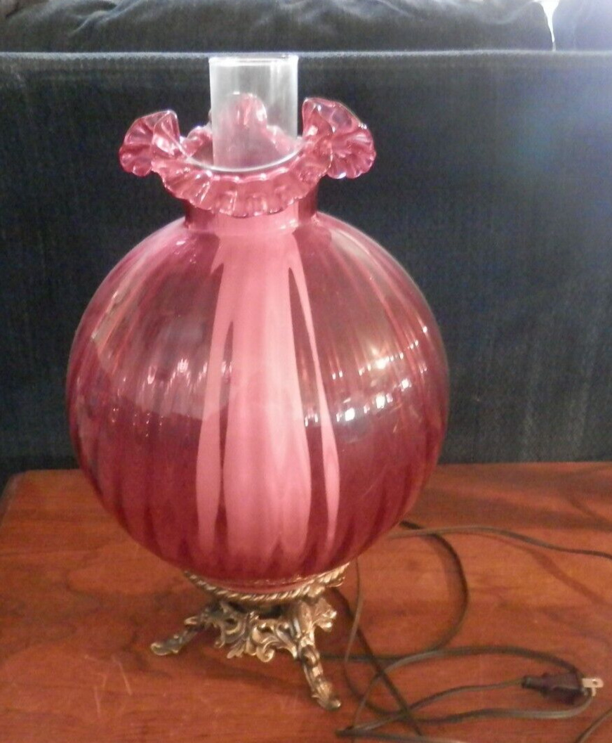 Beautiful Fenton Cranberry Ball Globe Lamp Grooved/Ribbed Swirls Corded Electric