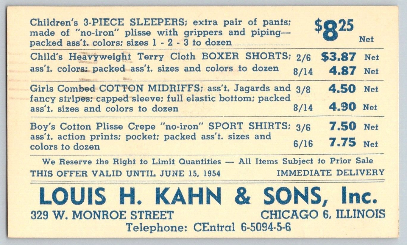 1950\'s Advertising Pricing Postcard~ Louis H. Kahn & Sons, INC~ Chicago, IL